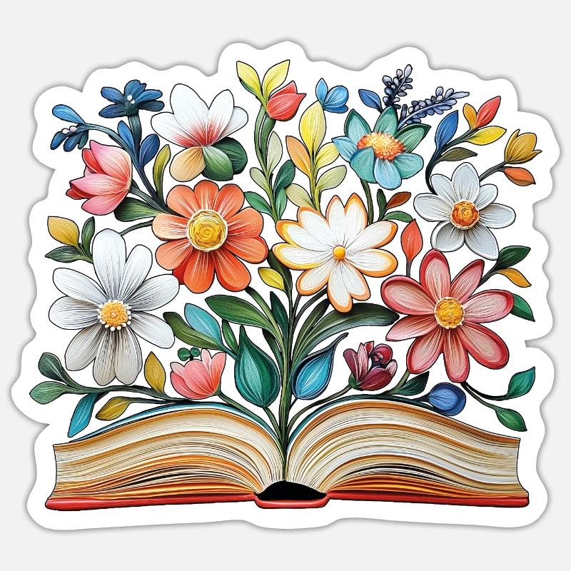 Buch mit Blumen - Sticker Größe S (10 x 10 cm) - Mattweiß
