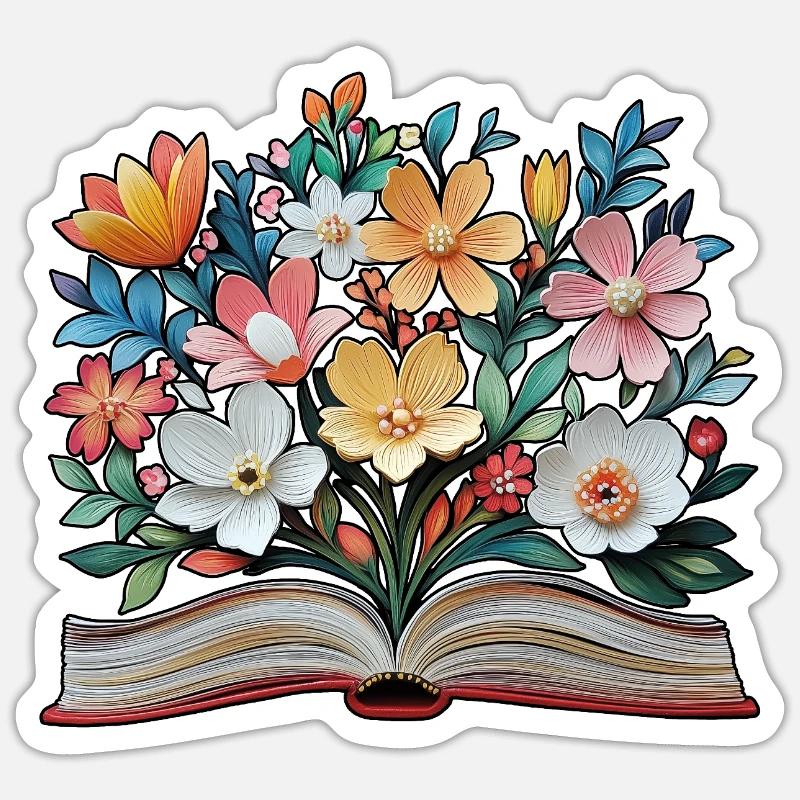 Livre et fleurs - Sticker taille S (10 x 10 cm) - blanc mat