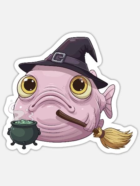 Lustiger Blobfisch - Hexenhut und Zauberkessel - Sticker Größe S (10 x 10 cm) - Mattweiß