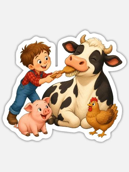 Junge bürstet Kuh auf dem fröhlichen Bauernhof - Sticker Größe S (10 x 10 cm) - Mattweiß