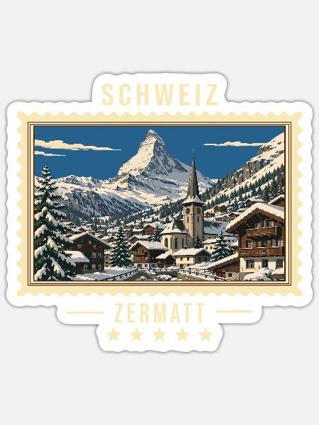 Schweiz Zermatt Winter Vintage Reisemarke - Sticker Größe S (10 x 10 cm) - Mattweiß