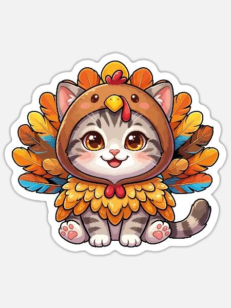 Herbst-Herbst-Katze im Truthahn Thanksgiving - Sticker Größe S (10 x 10 cm) - Mattweiß