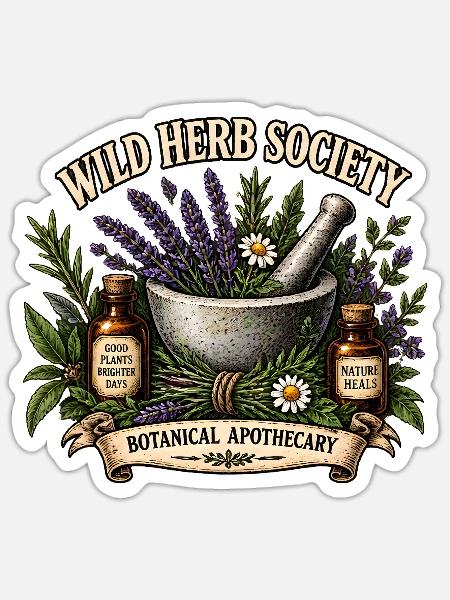 Wild Herb Society Botanische Kräuter Apotheke - Sticker Größe S (10 x 10 cm) - Mattweiß