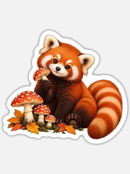 Roter Panda mit Waldpilzen - Sticker Größe S (10 x 10 cm) - Mattweiß