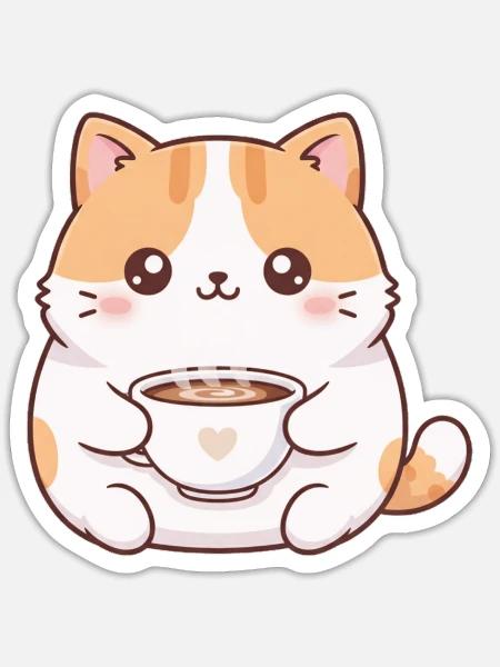 Katze mit Kaffee - Sticker Größe S (10 x 10 cm) - Mattweiß
