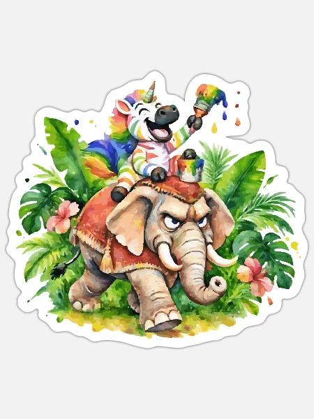 Buntes Zebra-Einhorn auf Elefantenabenteuer - Sticker Größe S (10 x 10 cm) - Mattweiß