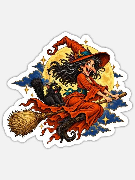 RobVibe Halloween-Hexe in Orange mit Katze - Sticker Größe S (10 x 10 cm) - Mattweiß