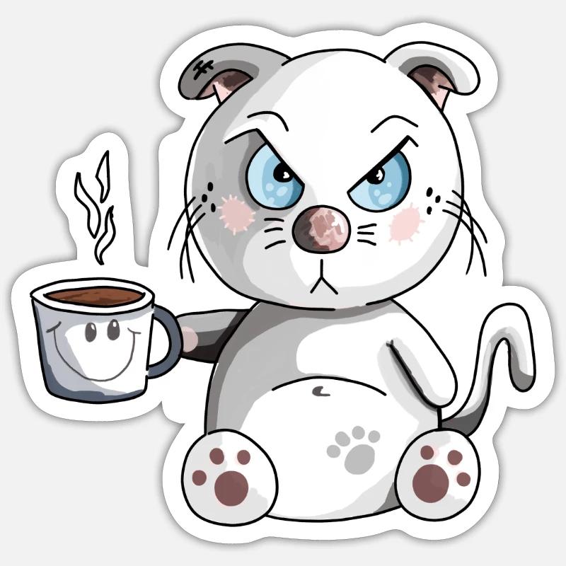 Grummelige Morgenmuffel Katze - Kaffee - Katzen - Sticker Größe S (10 x 10 cm) - Mattweiß