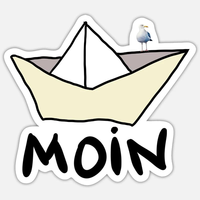 Papierboot am Strand mit Möwe Sticker Größe S (10 x 10 cm)