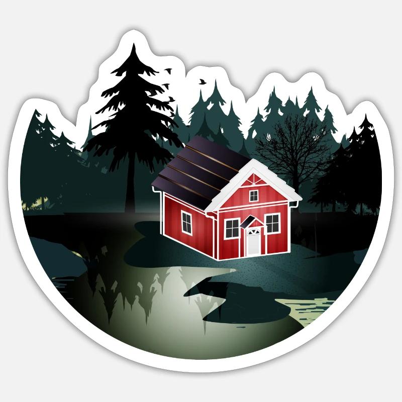 petite maison suédoise rouge à l'orée de la forêt Sticker taille S (10 x 10 cm)