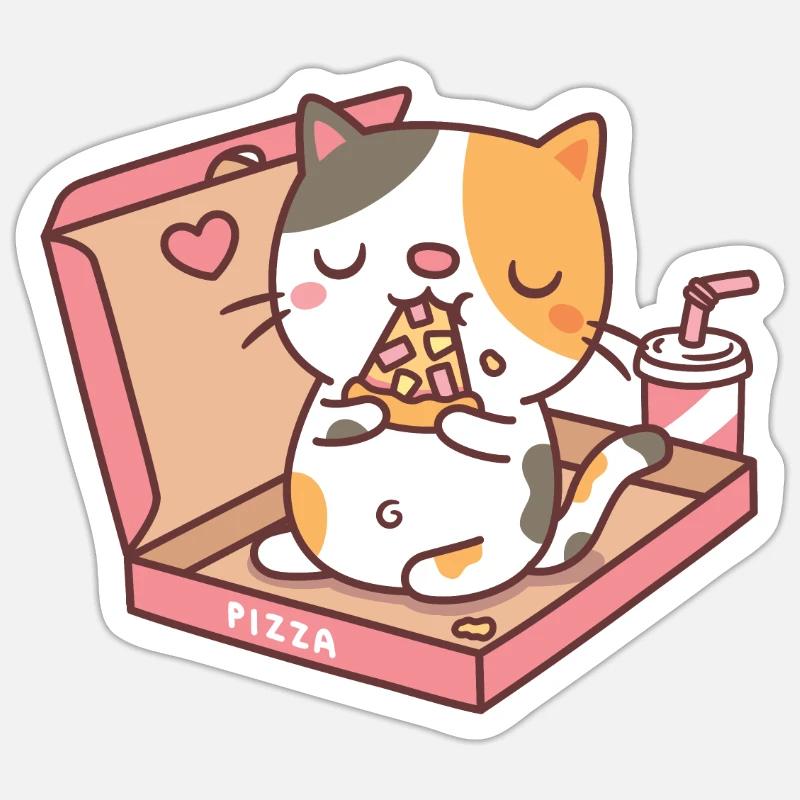 Mignon chat mangeant pizza dans la boîte à pizza Sticker taille S (10 x 10 cm)