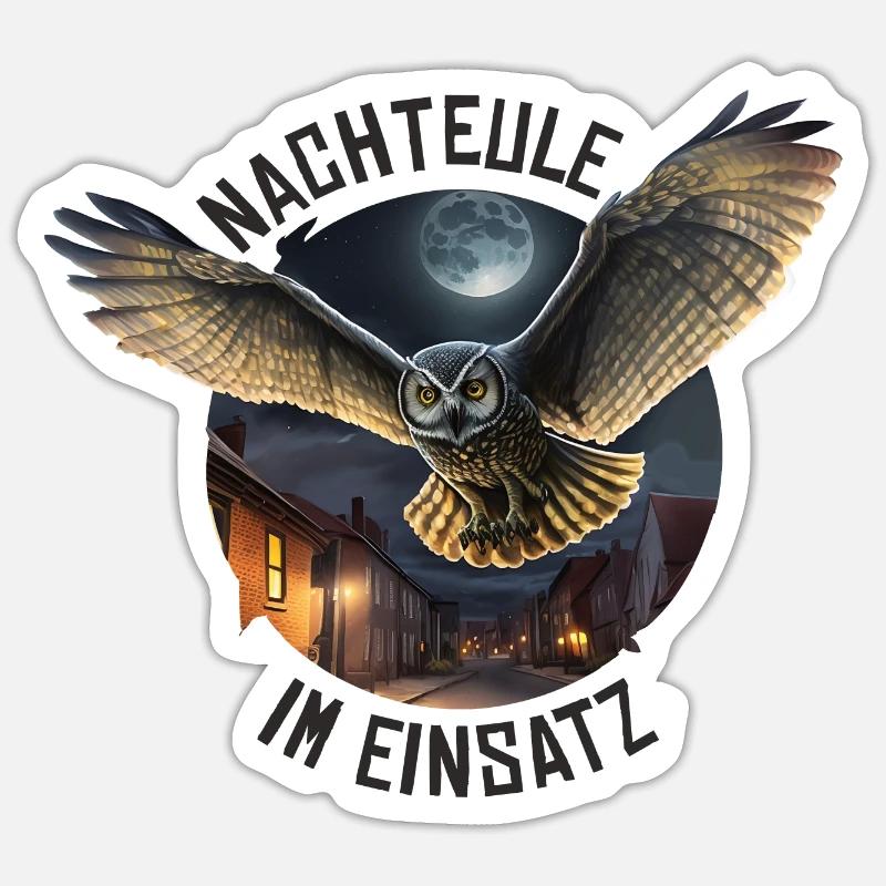 Nachteule im Einsatz Eule Vollmond Nachtdienst - Sticker Größe S (10 x 10 cm) - Mattweiß