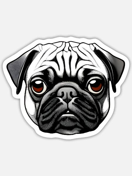 Mops Design Grafik Druck Motiv - Sticker Größe S (10 x 10 cm) - Mattweiß