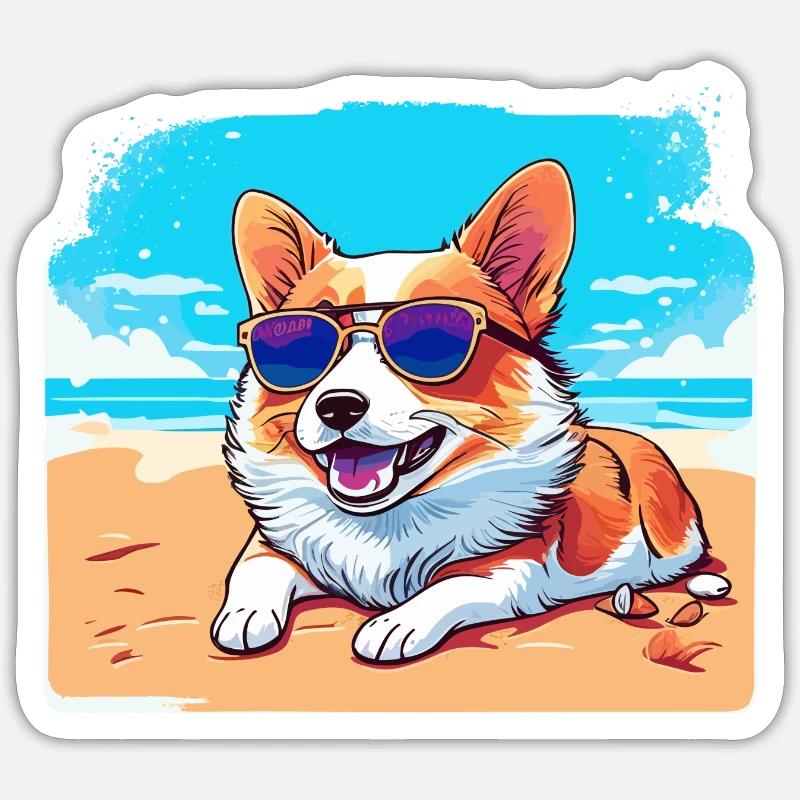 Corgi lying on a beach Sticker size S (10 x 10 cm)