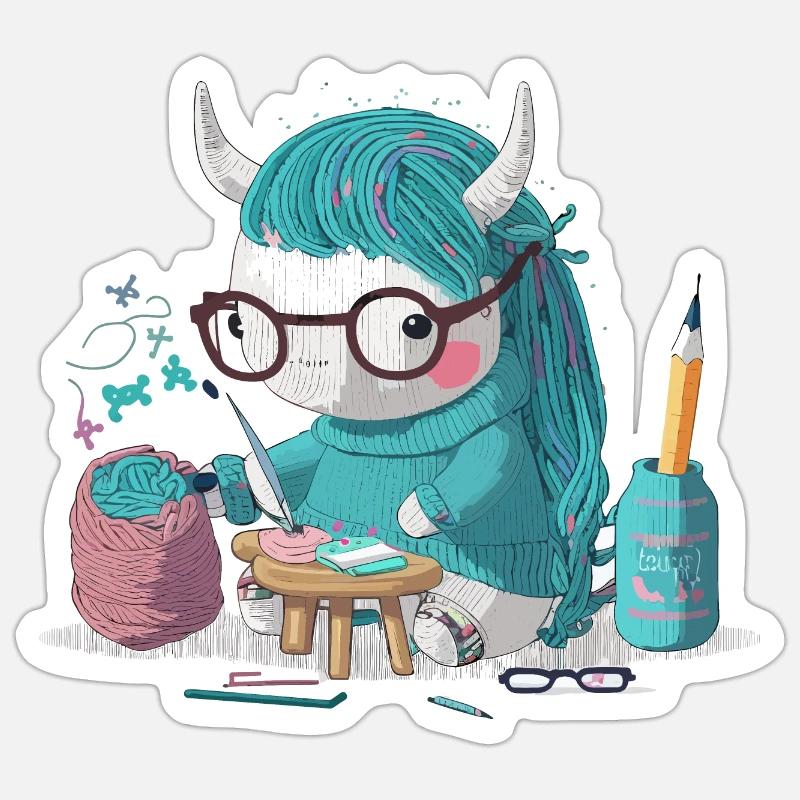 Strickendes Einhorn - Sticker Größe S (10 x 10 cm) - Mattweiß