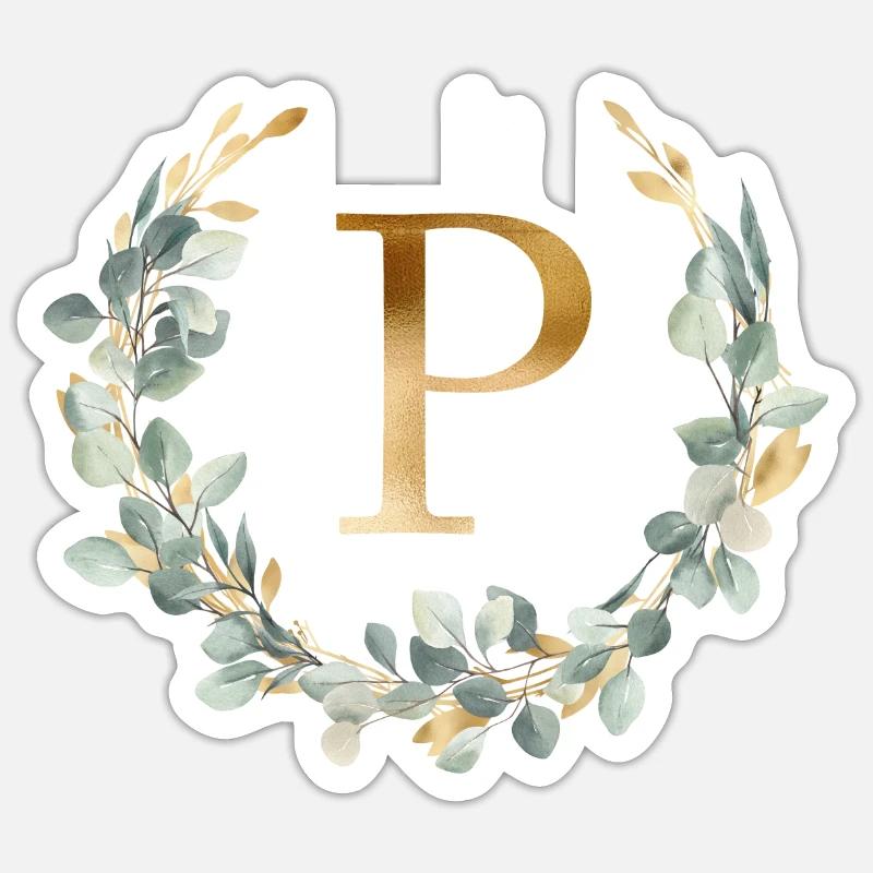 P Monogramme Couronne d’eucalyptus - Sticker taille S (10 x 10 cm) - blanc mat