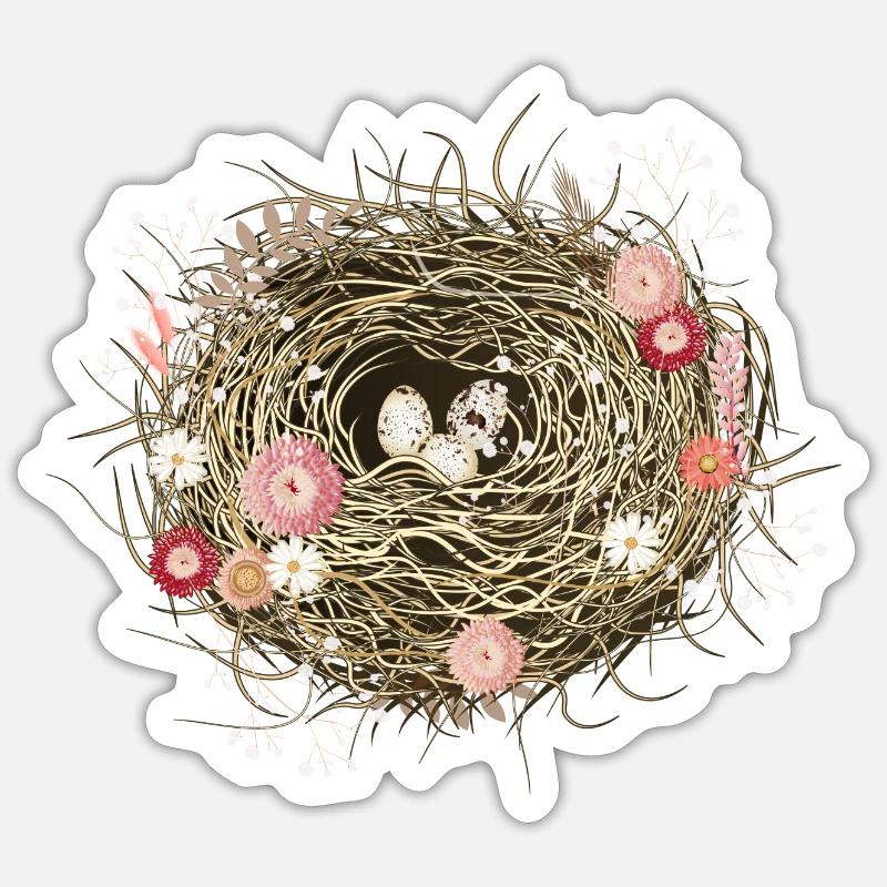 Vogelnest oder Osternest mit Trockenblumen - Sticker Größe S (10 x 10 cm) - Mattweiß