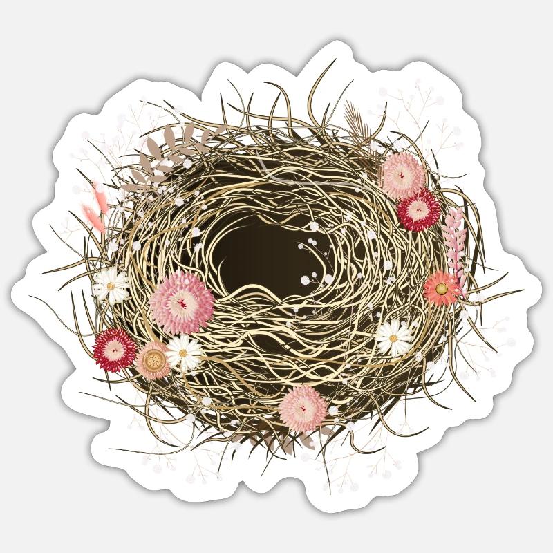leeres Vogelnest oder Osternest mit Trockenblumen - Sticker Größe S (10 x 10 cm) - Mattweiß