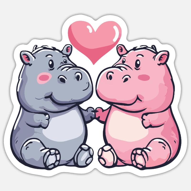 Nilpferd Comic Tier Paar Liebe - Sticker Größe S (10 x 10 cm) - Mattweiß