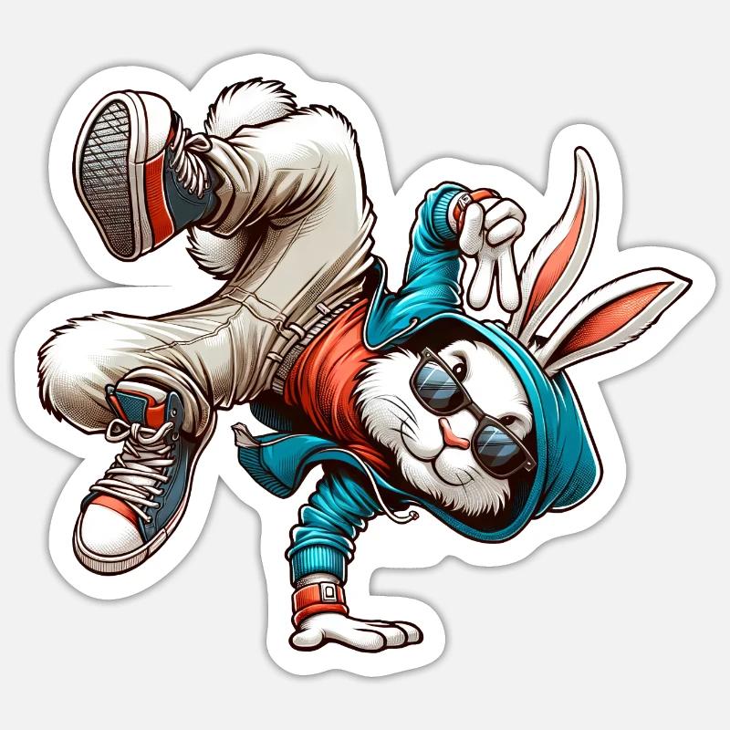 Pâques Pâques Lapin Danse Breakdance - Sticker taille S (10 x 10 cm) - blanc mat