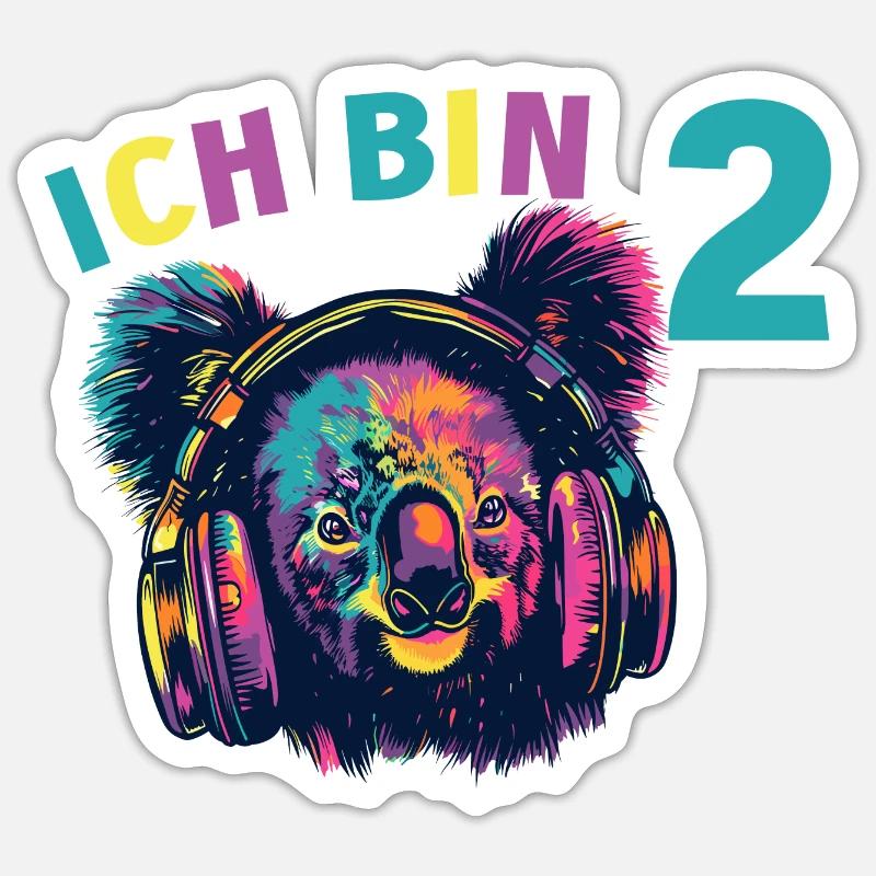 Koala Koalabär 2 Geburtstag mit Kopfhörer Musik - Sticker Größe S (10 x 10 cm) - Mattweiß