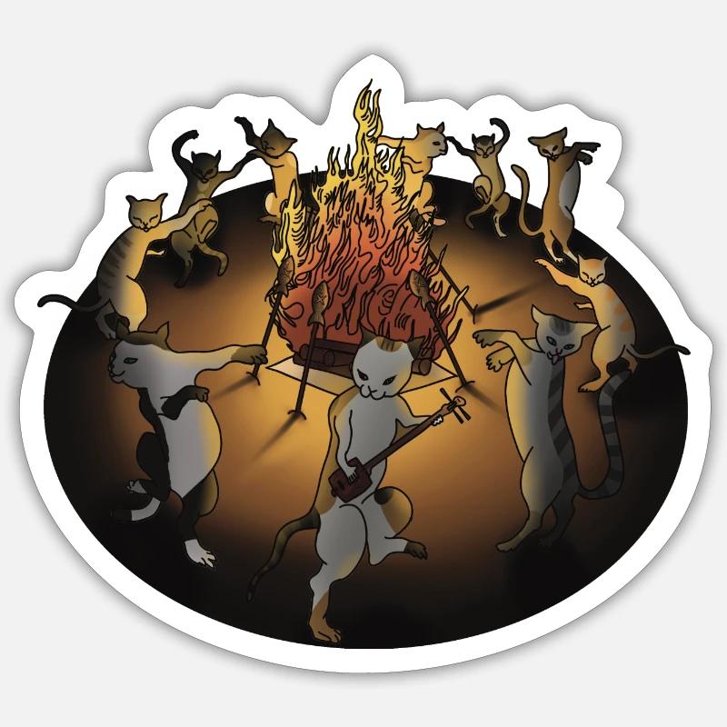 Cat dancing around the fire Sticker size S (10 x 10 cm)