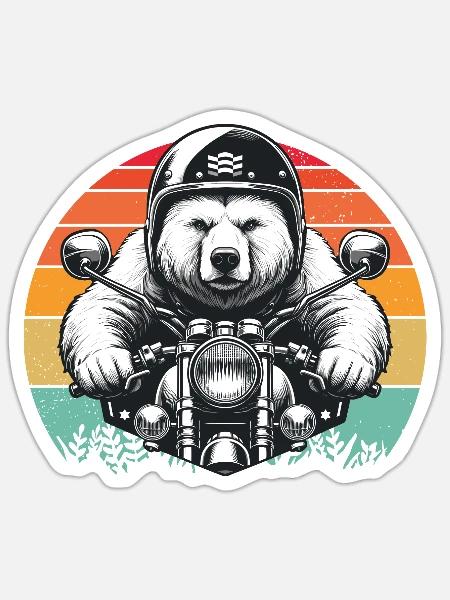 Motorrad Biker Grizzly Bär Motorrad fahren Retro - Sticker Größe S (10 x 10 cm) - Mattweiß