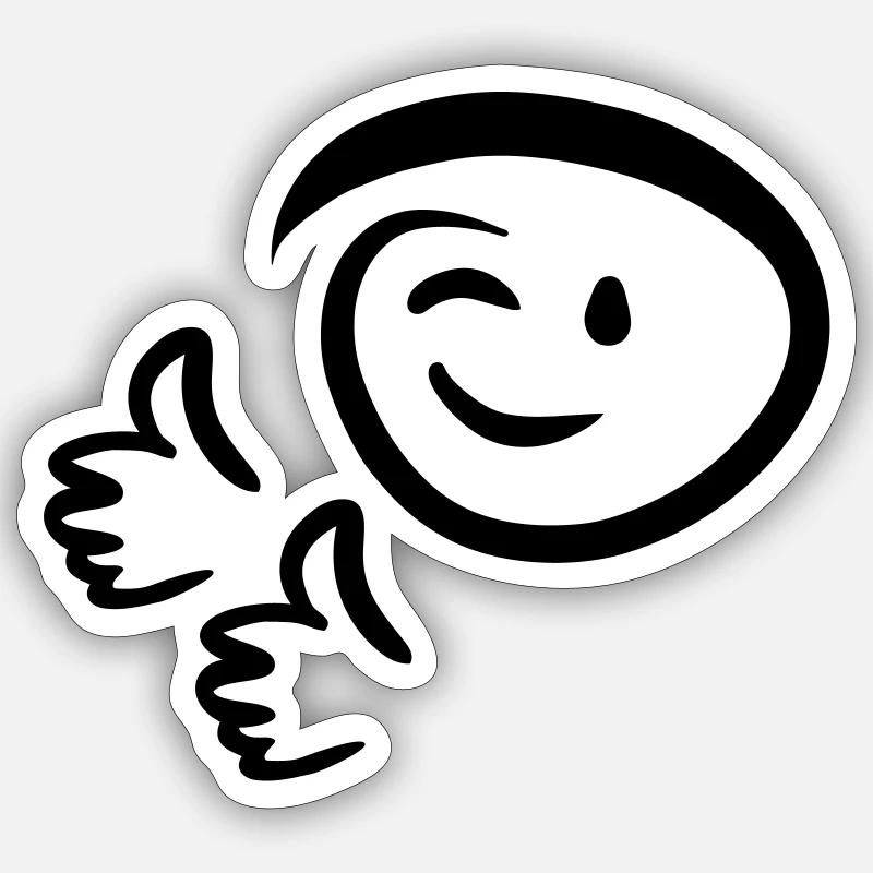 Face winks, shows two thumbs up. Emoticon. - Sticker size S (10 x 10 cm) - white matte