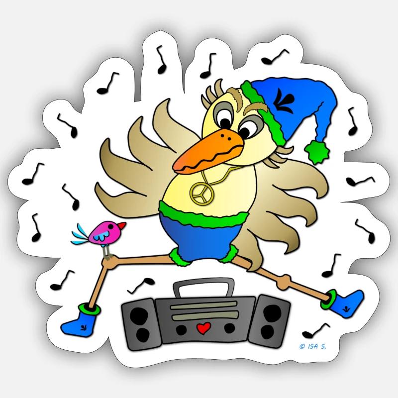 Schräger Vogel Tänzer mit Ghettoblaster Fun Comic Sticker Größe S (10 x 10 cm)