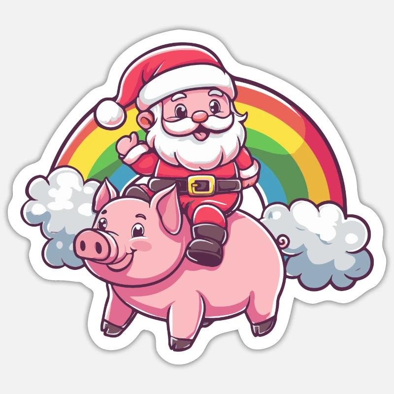 Schwein Weihnachtsmann Regenbogen - Sticker Größe S (10 x 10 cm) - Mattweiß