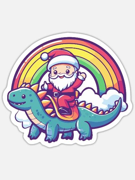 Dinosaurier stegosaurus Weihnachtsmann Regenbogen - Sticker Größe S (10 x 10 cm) - Mattweiß