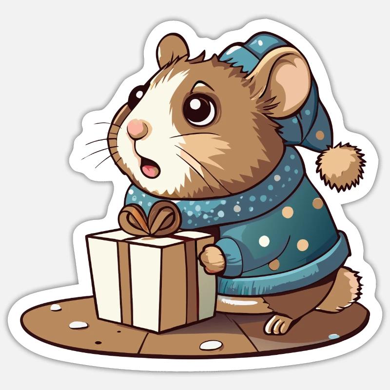 Cute hamster unwraps gift Sticker size S (10 x 10 cm)