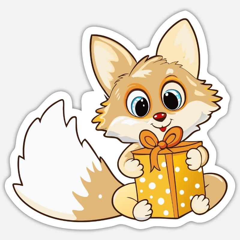 Cute fox unwraps gift - Sticker size S (10 x 10 cm) - white matte
