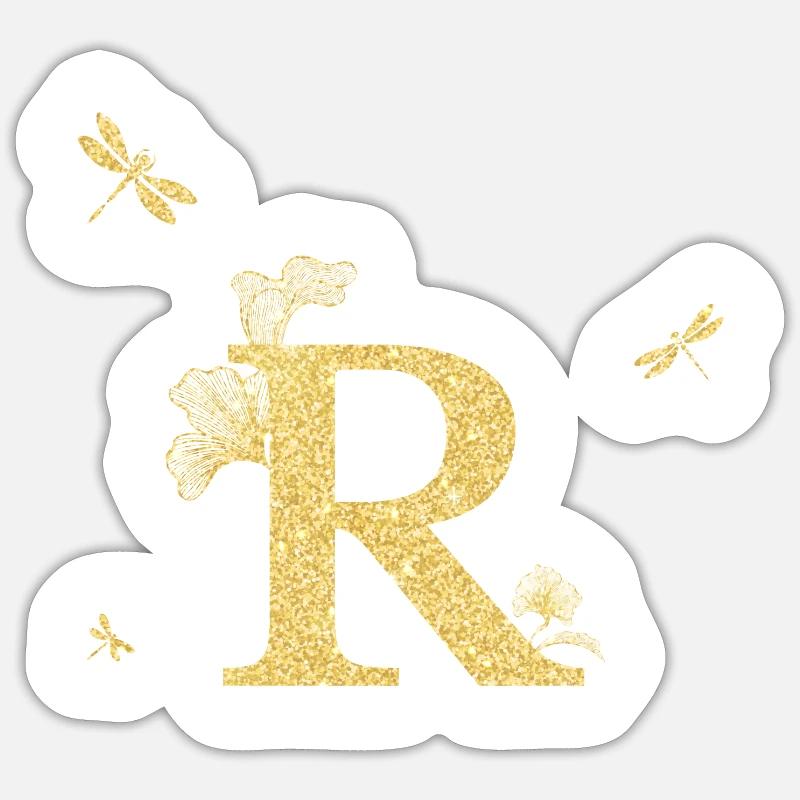 Lettre r paillettes doré libellule - idée cadeau Sticker taille S (10 x 10 cm)