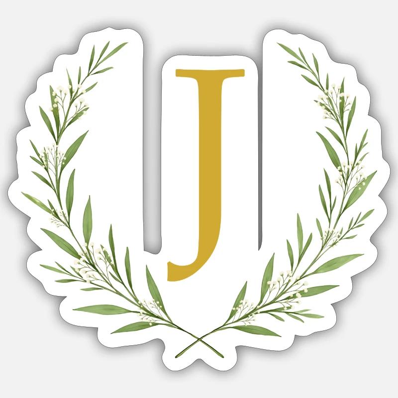 J Monogramm, Eukalyptus Kranz, personalisierbar - Sticker Größe S (10 x 10 cm) - Mattweiß
