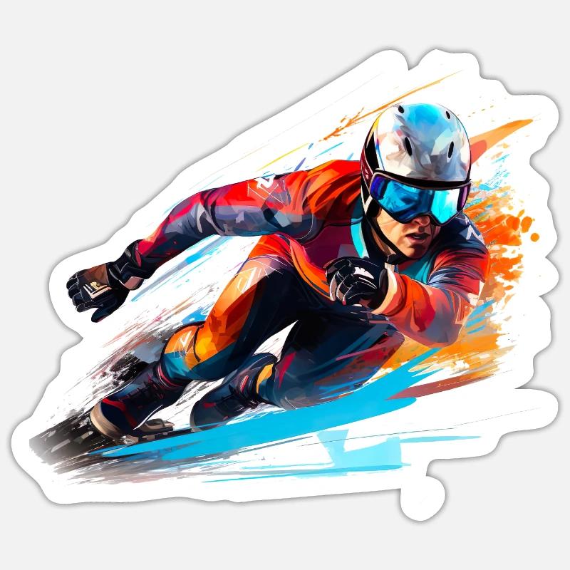 Fahrender Skirennfahrer mit Farbexplosion - Sticker Größe S (10 x 10 cm) - Mattweiß