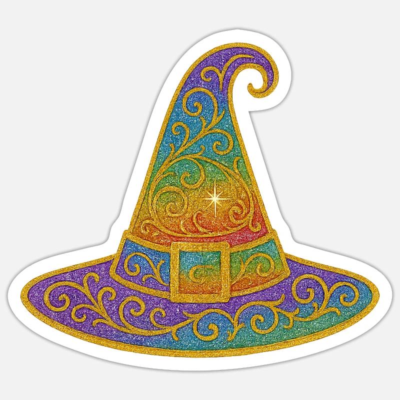 Rainbow Glitter Witch Hat - Sticker size S (10 x 10 cm) - white matte
