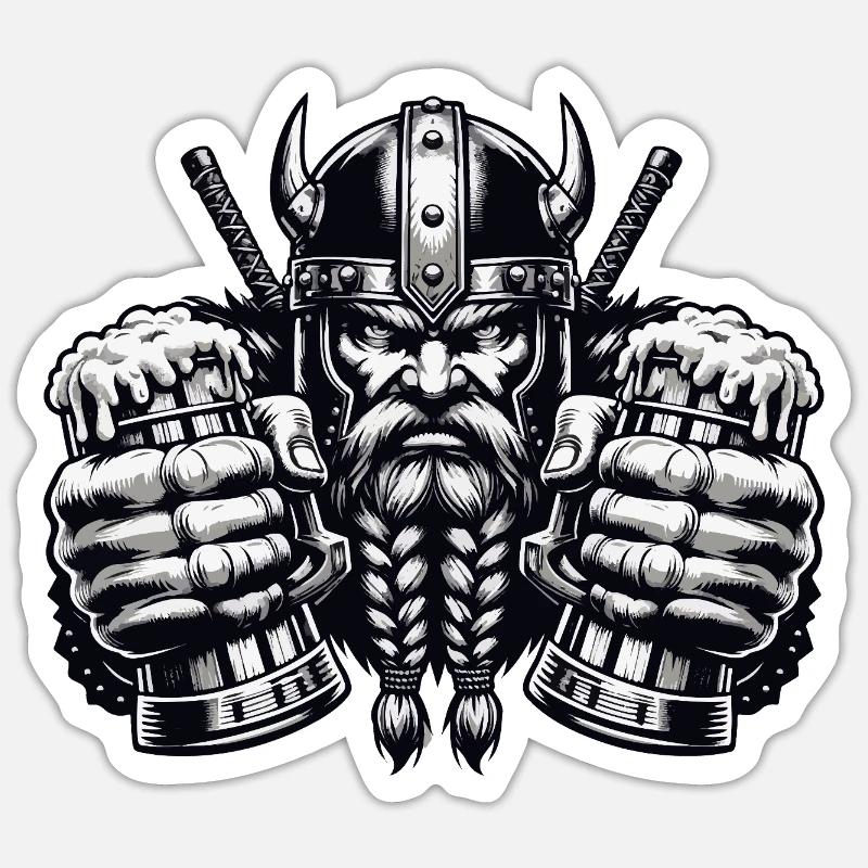 Wikinger mit Bierkrügen im Kampfmodus Sticker Größe S (10 x 10 cm)