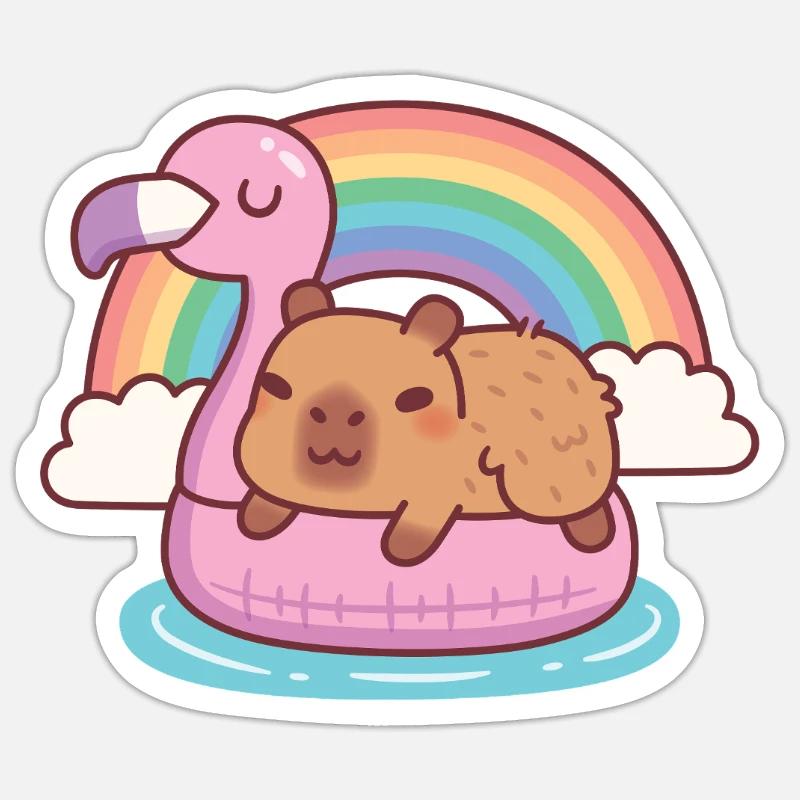 Niedliche Kapybara chillt auf Flamingo-Float-Regenbogen Sticker Größe S (10 x 10 cm)