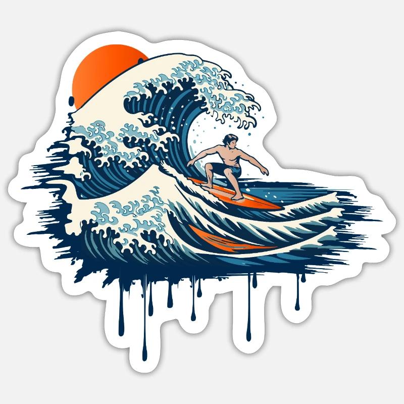 Dynamic Surf Illustration on Powerful Wave - Sticker size S (10 x 10 cm) - white matte