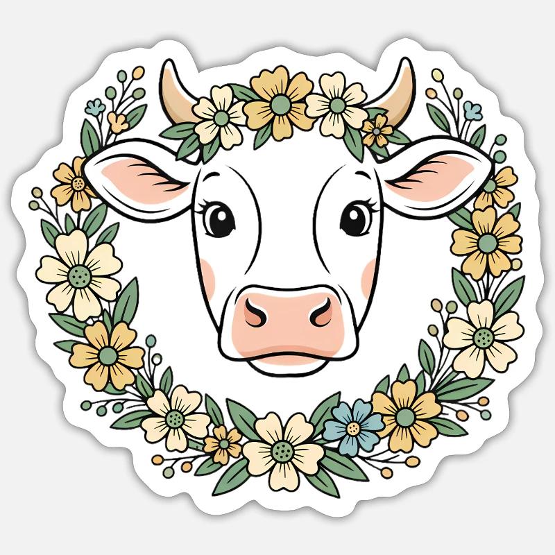 Cow Floral Wreath Boho Spring Vector Sticker size S (10 x 10 cm)