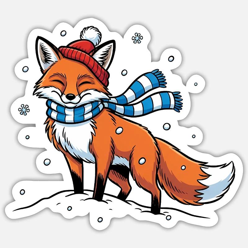 Renard d’hiver avec écharpe - Sticker taille S (10 x 10 cm) - blanc mat