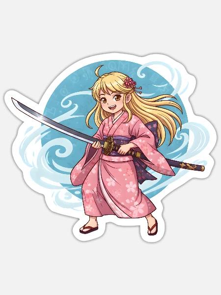 Anime Samurai Girl im Kimono mit Katana - Sticker Größe S (10 x 10 cm) - Mattweiß