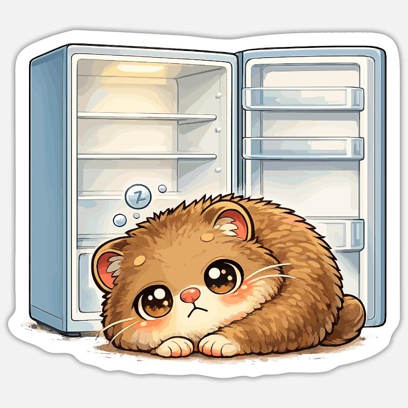 Petit chat devant un réfrigérateur ouvert - Sticker taille S (10 x 10 cm) - blanc mat