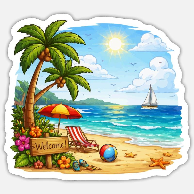 Bienvenue sur la plage tropicale - Sticker taille S (10 x 10 cm) - blanc mat