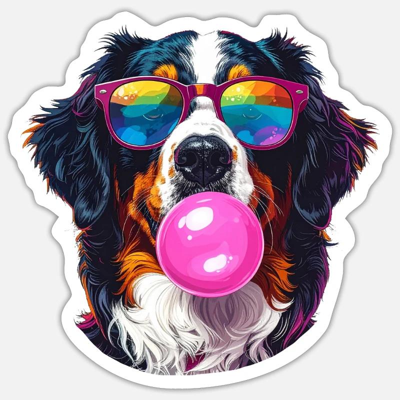 Sennenhun Bernese colorato con occhiali da sole da gomma da masticare - Sticker formato S (10 x 10 cm) - bianco opaco