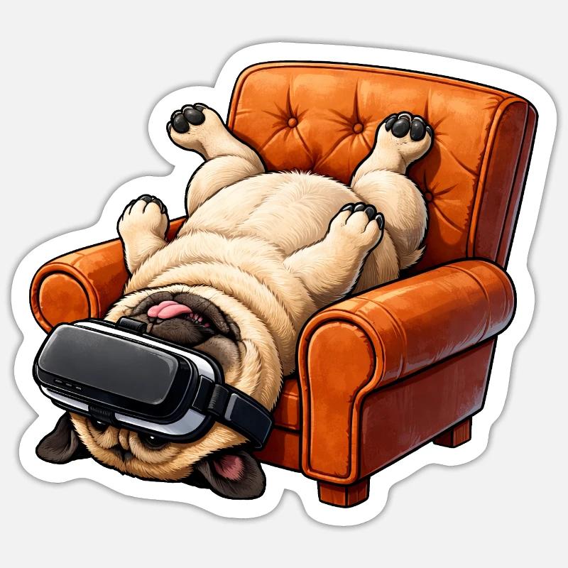 Mops mit VR Brille im Sessel Sticker Größe S (10 x 10 cm)