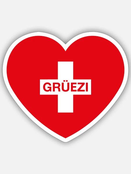 Grüezi (Herz / Schweizerkreuz / Schweiz / 1C) - Sticker Größe S (10 x 10 cm) - Mattweiß