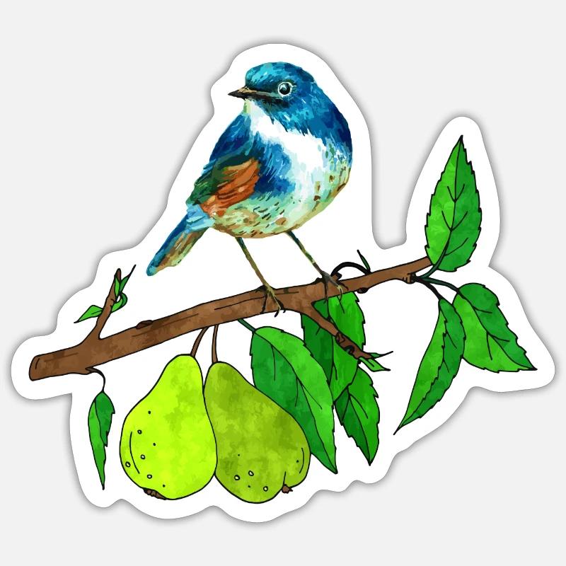 Blue bird and pear - Sticker size S (10 x 10 cm) - white matte