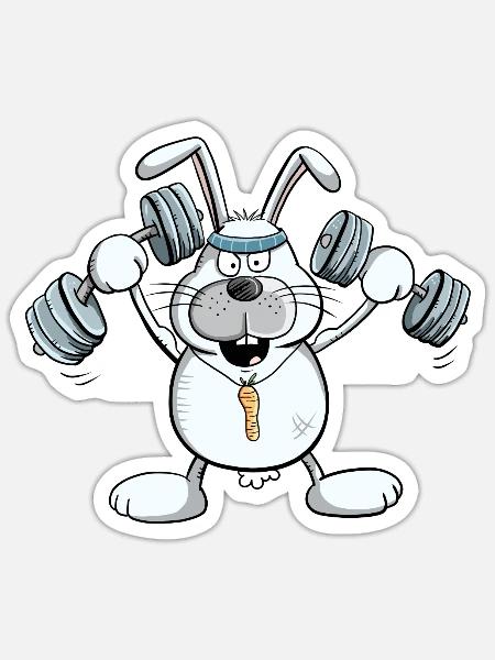 Starker Hase I Fun Comic Fitness Krafttraining - Sticker Größe S (10 x 10 cm) - Mattweiß